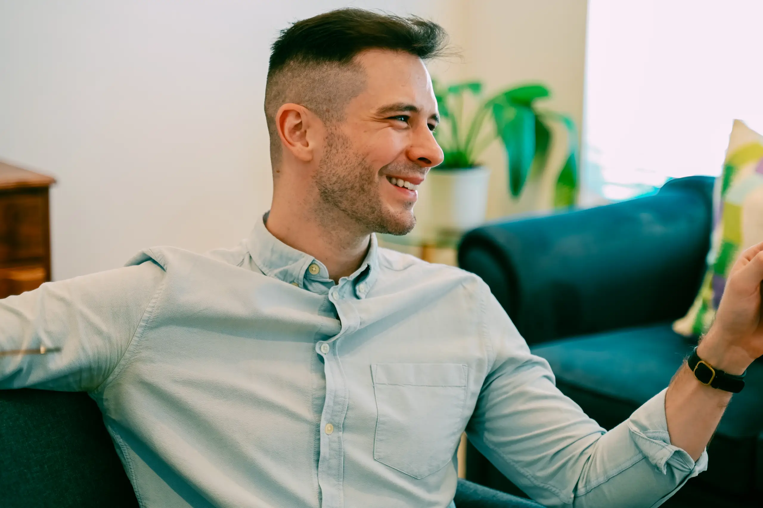 Sunlit minimalist clinical office with warm textures